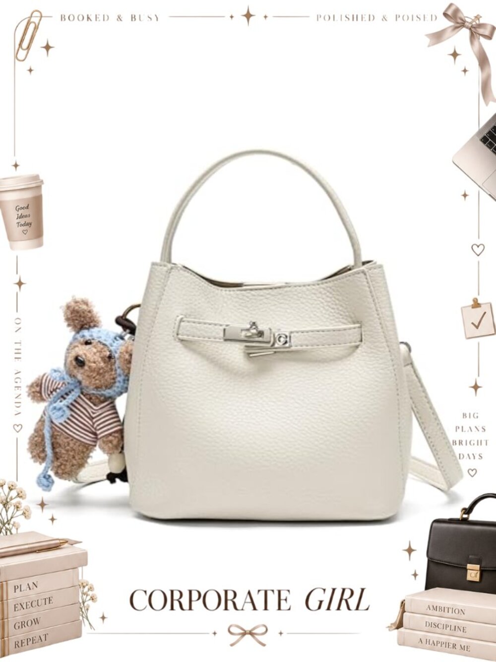 Pebbled Leather Bucket Crossbody Bag Turn Lock Lightweight